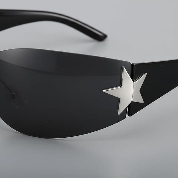 Sorte rammeløse omsluttende solbriller, unisex, retro Y2K overdimensionerede stjerneformede solbriller, cool og stilfulde, perfekte til ravefester.
