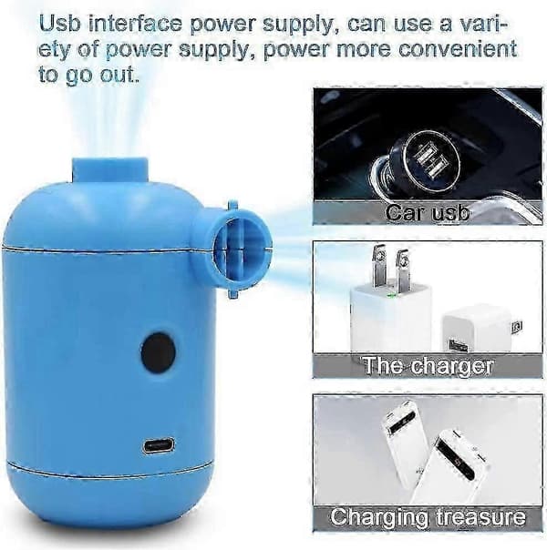 Mini elektrisk pumpe, USB bærbar camping, hurtig oppustning og tømning, 3 dyser