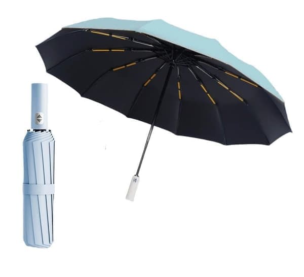 Travel Umbrella with 24 Reinforced Ribs - Automatic Open/Close, Extra Large Windproof Umbrella with UPF 50+ Black Coating Light Blue