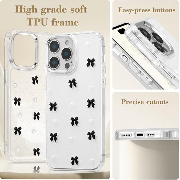 Case for iPhone 14 Pro, Bling Glitter 3D Bow Phone Case Cute Glittery Crystal Clear Bow Slim Soft Durable Protective Cover Black Black iPhone 14 Pro