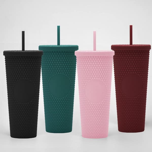 Double-Walled Plastic Tumblers with Studs, Lid, and Straw, BPA-Free, 24 oz, Light Pink