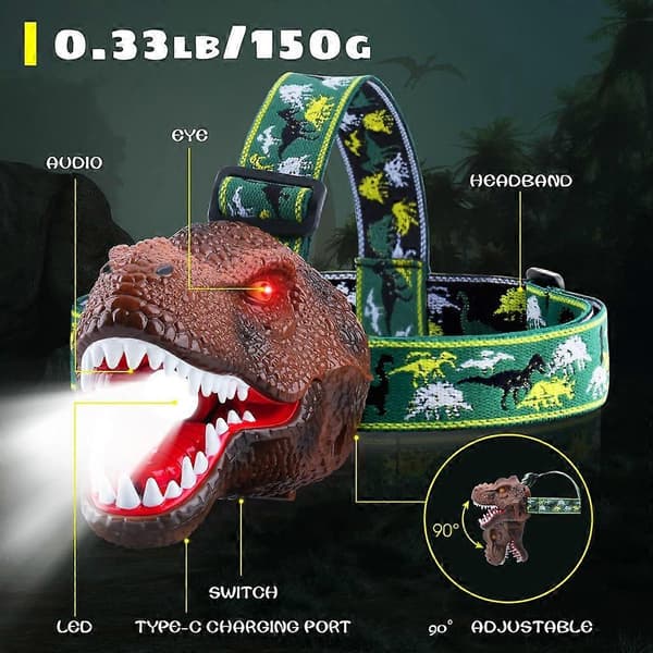 LED Dinosaur Hodelykt for Barn med Justerbart Hodebånd Campingutstyr USB-lading Dinosaurleke