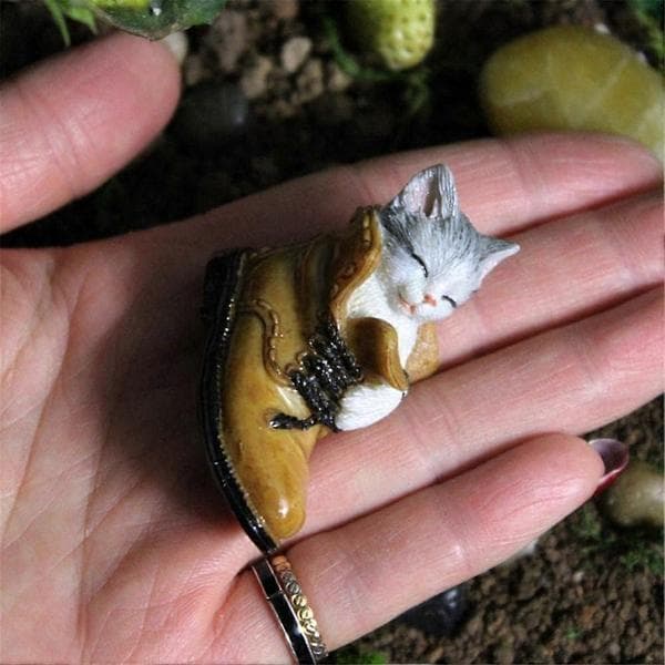 Små miniature sovende kattefigurer, fehave DIY fe-tilbehør