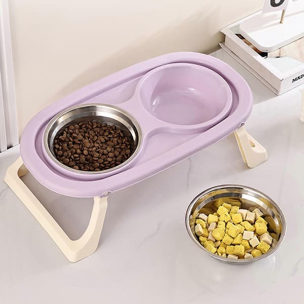 Dobbelt skål hundefoderstation Stænktæt rustfrit stål kæledyrsfoderautomater Forhøjet hundeskål foderstander Rustfrit stål beige Stainless steel beig