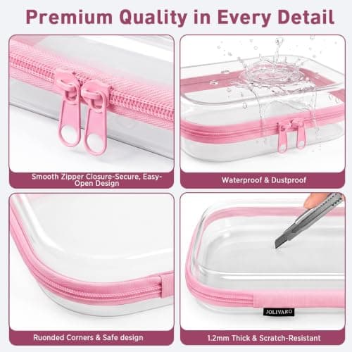 Gennemsigtig hård lynlåstaske til makeup-opbevaring, TSA-godkendt Pink 3 Pack (M+2S)