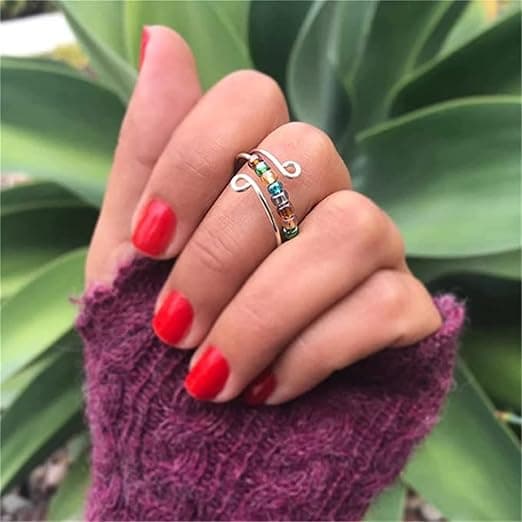 Drive Away Your Anxiety with Rainbow Beads Fidget Ring, Beads Spinner Ring, Adjustable Opening