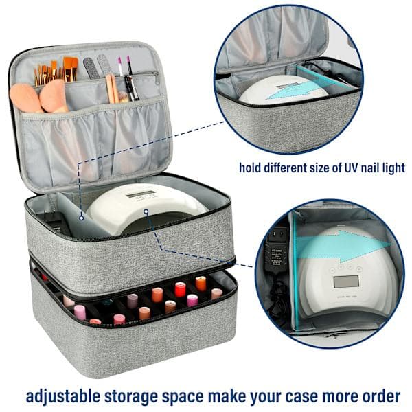 Nail Polish Storage Case with UV Light - Professional Organizer for Nail Kit, Grey