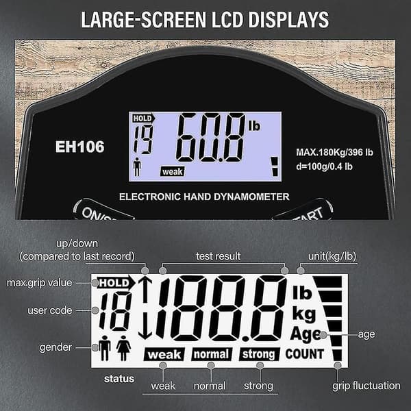 Grepstyrketester, 180 kg Digital Hånddynamometer Grepstyrkemåler USB LCD-skjerm Hånd