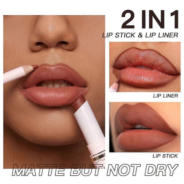 Læbestift og læbeblyant 2 i 1 Vandtæt læbestift til kvinder Læbeblyant Langtidsholdbar læbestift, Mat læbestiftpen med læbeblyant makeup E