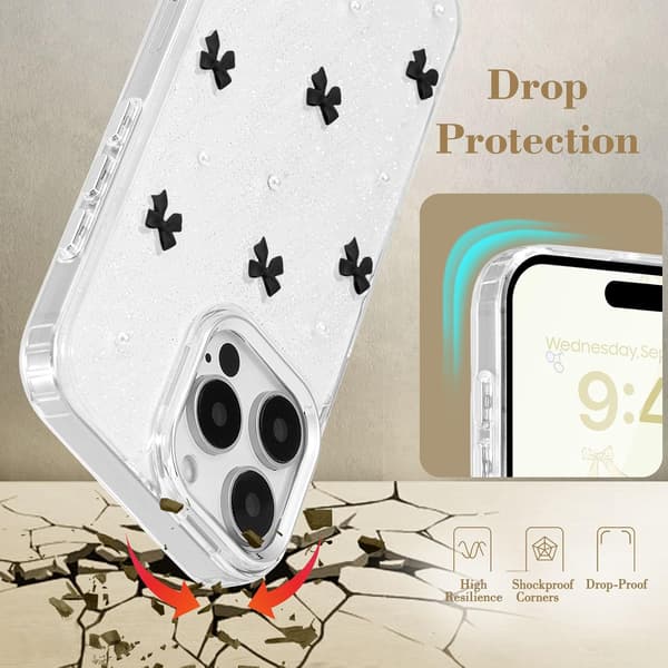 Case for iPhone 16 Pro, Bling Glitter 3D Bow Phone Case Cute Glittery Crystal Clear Bow Slim Soft Durable Protective Case Black Black iPhone 16 Pro