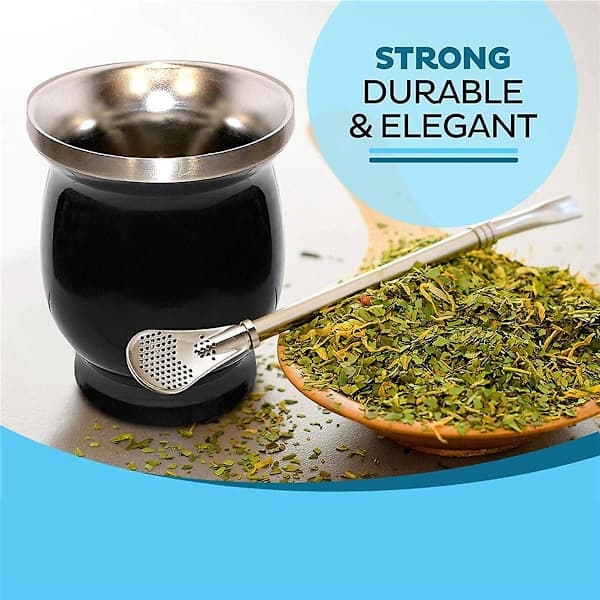 Yerba Mate Sæt Dobbeltvægget Rustfri Tekop og Bombilla 24 cl Bombillas Yerba Mate Halm - Blå