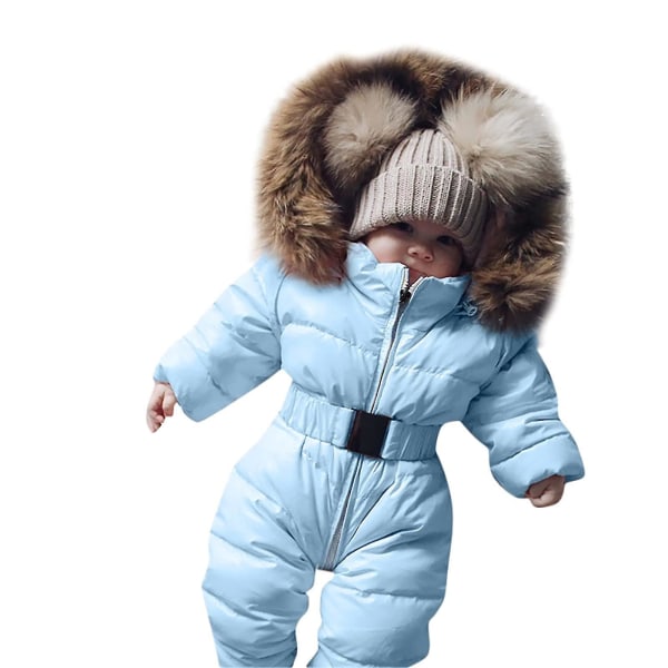 Unisex jumpsuit med huva för baby för 0-24 månader Pojkar Flickor Jumpsuit Romper med pälskrage qd best Light Blue 80cm