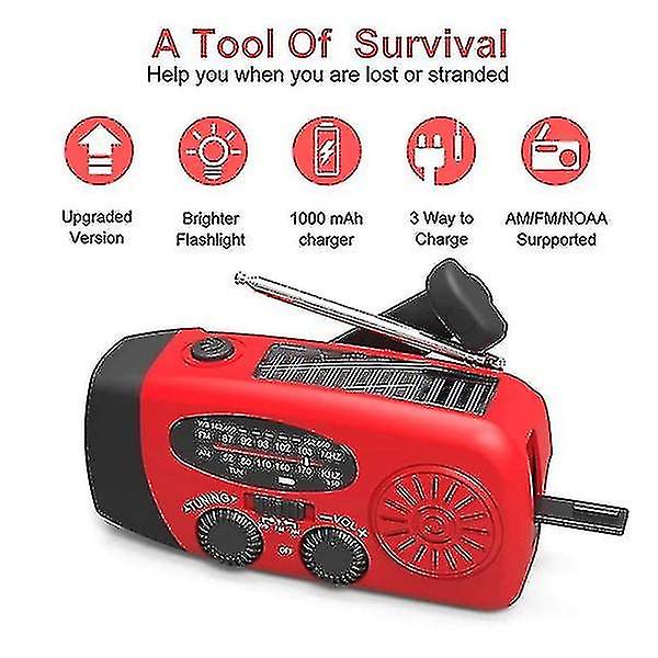 Vevradio med solceller, ficklampa och 2000 mah Powerbank Sos-1 qd bäst Red