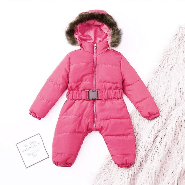 Unisex jumpsuit med huva för baby för 0-24 månader Pojkar Flickor Jumpsuit Romper med pälskrage qd best Rose Red 65cm