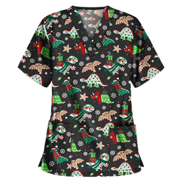 Jul Kvinnor Omvårdnad Uniform Scrub Kortärmad T-shirt Xmas Blus Tee Tops qd best Dinosaur black XL