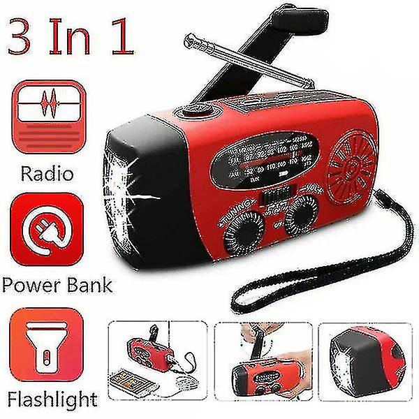 Vevradio med solceller, ficklampa och 2000 mah Powerbank Sos-1 qd bäst Red