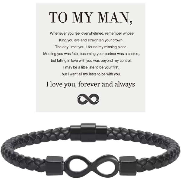 Till min man, Infinity Läderarmband Man Presenter från fru Jag älskar dig för alltid och alltid Armband Pojkvän Årsdag Födelsedag Julpappor G Black