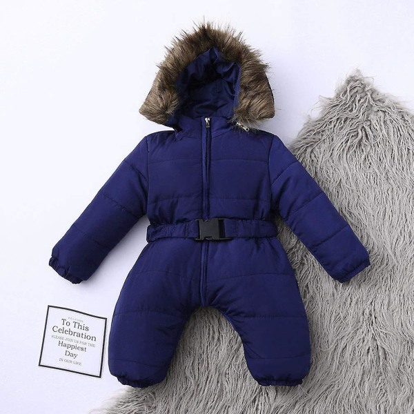 Unisex jumpsuit med huva för baby för 0-24 månader Pojkar Flickor Jumpsuit Romper med pälskrage qd best Dark Blue 65cm