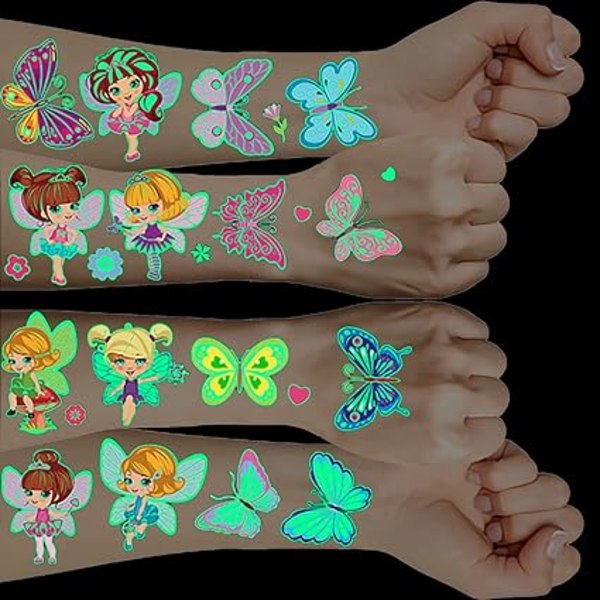 Fairy Temporary tatueringar för flickor, 10 ark självlysande barntatueringar Butterfly Fairy, tatuering för flickor, födelsedagspresent Barninbjudning