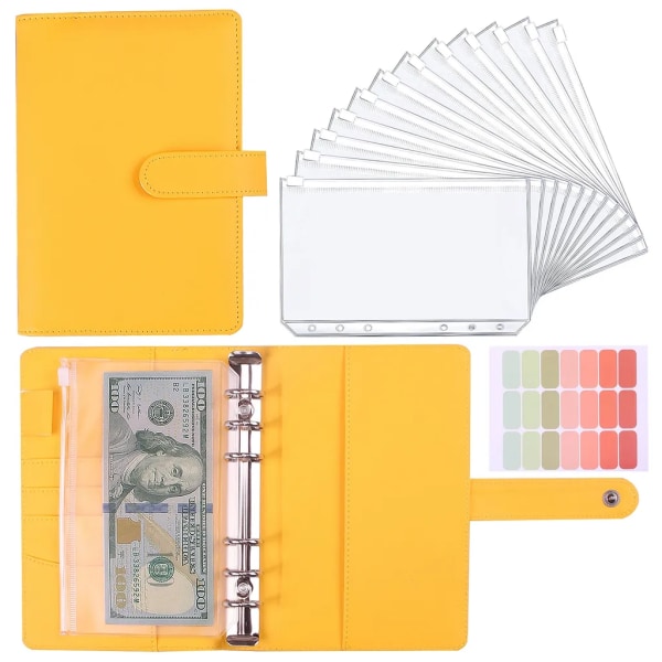 Pärm anteckningsbok, blixtlåsficka Pärm anteckningsbok, A6 budgetpärm med 12 pärmfickor och 21 etikettklistermärken (gul) qd bäst