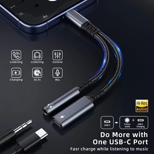 USB-C Adapter 2-i-1 – Lading & 3,5mm Hodetelefonuttak