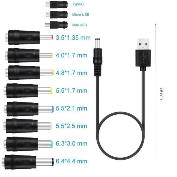 USB-DC-virtajohto, moniliitin, 5V yleislatauskaapeli kameroille, tableteille ja puhelimille