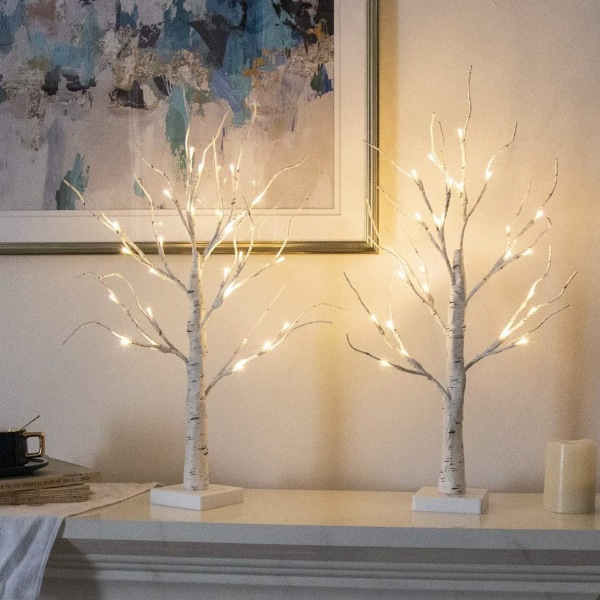 2-pack vit julgran med lampor 45cm Desktop Björk Varmvit LED Batteridriven 2pcs