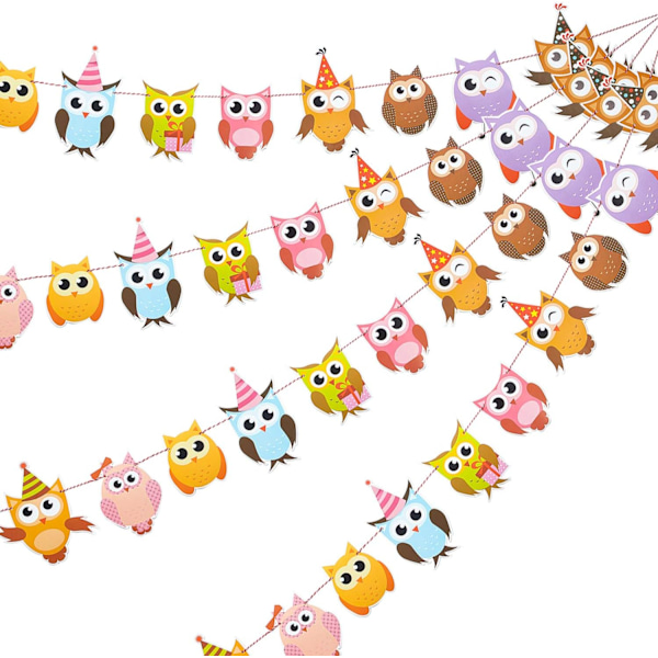 4-pack Uggla Födelsedagsgirlander Färgglada Uggla Flagggirlander Uggla Tryckt Girland Uggla-Temad Festdekorationer för Babyshower Födelsedagsfesttillbehör
