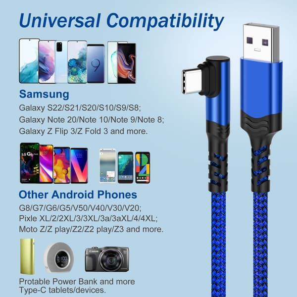 3A Hurtiglading USB-A til USB-C-kabel, 30 cm, 3-pakning, Rettvinklet 90° kontakt, Blå