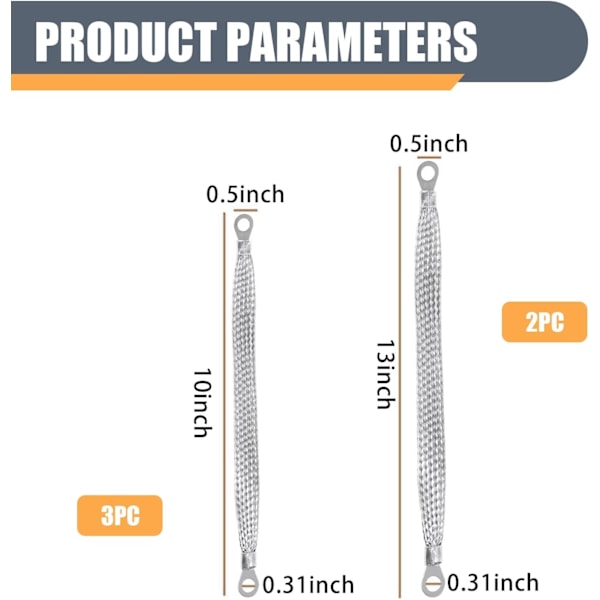 Pack-5 Biljordkabelset, 10 tum 13 tum 220V Metallplatt Flätad Biljordkabeltillbehör, Universal för Lastbilar SUV:ar Bilar (Silver)