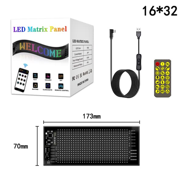 Flexibel RGB LED Matrix Display 16x32 Pixlar Bluetooth Programmerbar Rullande Textpanel för DIY Kläder Väska 70mm*173mm