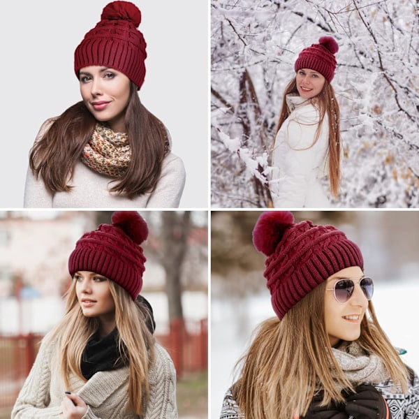 Dames Plys Hat Vinter Beanie Varmt Fleeceforet Hat Dame Strikket Uld Hat med Kunstig Pels Pom Pom 4