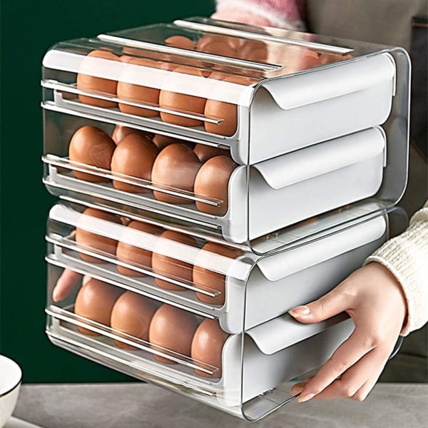 Äggbehållare, plastbricka, dubbelt lager, för kylskåp, ägglåda, portabel, förvaringshylla, för färska ägg, lämplig för kök, hushåll（Gary