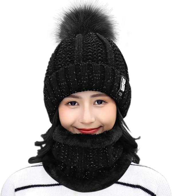 Dames Vinterhue Ski Bobble Hat Strikket Beanie Hat med Fleecefor 2