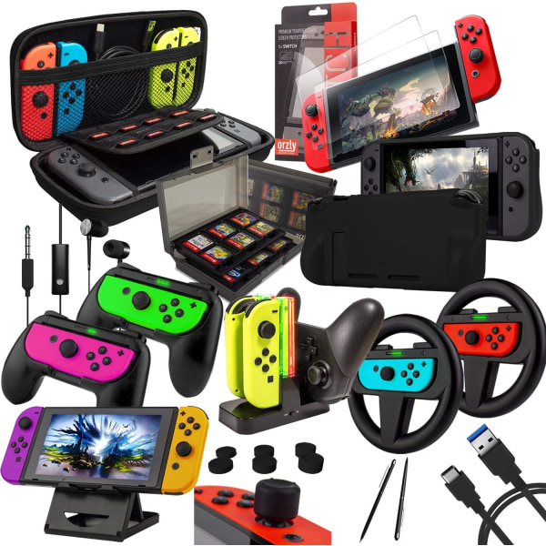 Tillbehörssats designad för Nintendo Switch Tillbehör Geeks och OLED- case och skärmskydd, Joycon-grepp och hjul för förbättrad Gamepla