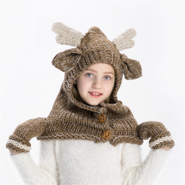 Efterår og vinter uldhatte til børn til mænd og kvinder dyr elg cape hat hæklede tørklædehandsker todelt sæt (brun)