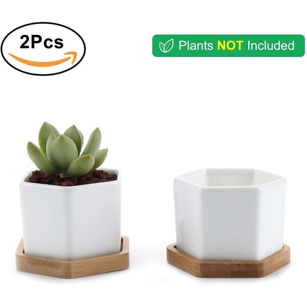 Sæt med 2 simple hvide kreative keramiske små sekskantede sukkulentplanter med bambus træbakke, geometrisk kaktus plantestativbeholder til skrivebordsfane
