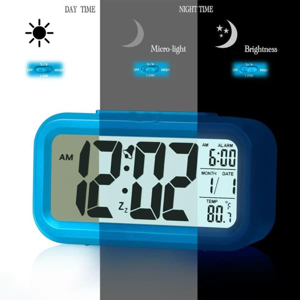 1 st Digital Väckarklocka, Tyst Ljusklocka med Datum, Temperatur, Tid, Snooze Sensor (blå)