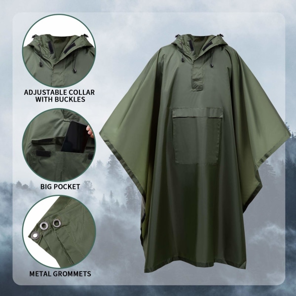 3 i 1 multifunktionel regnponcho regnfrakke, genanvendelig vandtæt regnfrakke med hætte army green 1pcs