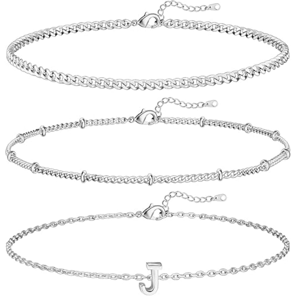3 st. Vitguld Initialarmband för Kvinnor Smalt 14K Guld Armband Stack Letter Link Charm A-Z Monogram Armband Anti-Missfärgning Smycken