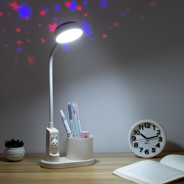 Hvid, bordlampe til børn, arbejdsbordlampe med penneholder, sengelampe med automatisk farveskift, dæmpbar genopladelig LED-læselampe til børn