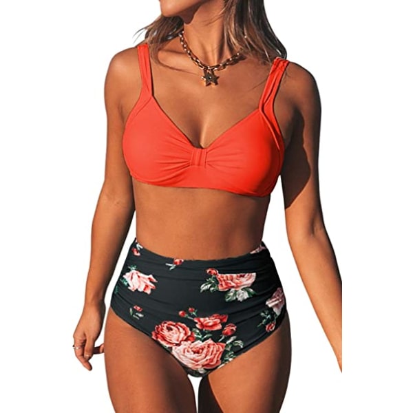 Dame Bikini Sweetheart Højtaljet blomsterprint 2-delt badedragt Orange+Sort (M)
