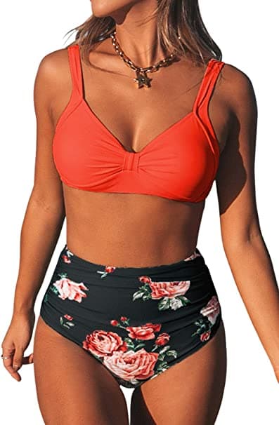 Dame Bikini Sweetheart Højtaljet blomsterprint 2-delt badedragt Orange+Sort (M)