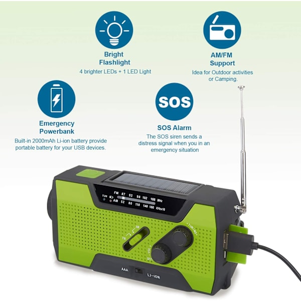 Håndsvinget Nødradio, Solcelledrevet Bærbar Multifunktions Udendørs Radio med 2000mAh Strøm/LED Lommelygte/SOS Alarm (Grøn)