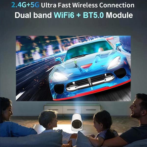 Denne mini bærbare smarte projektor understøtter 4K-input og Full HD-skærm, er kompatibel med WiFi 6 og Bluetooth 5.0, understøtter Android 11, har
