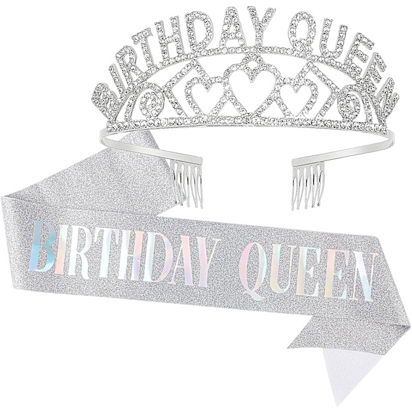Silverfödelsedagskronan och Sash - Rhinestone Birthday Tiara och Sash (Flerfärgad bokstav)
