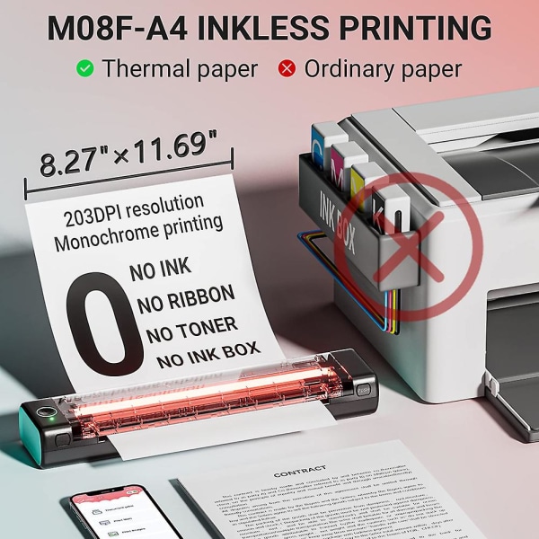 Lille mini blækfri termoprinter til A4 genopladelig letvægtsprinter til kontorkvittering