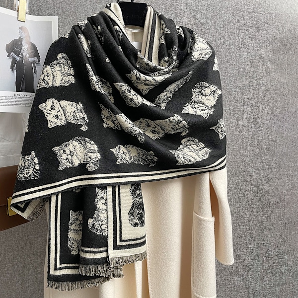 Katt Print Vintervarm Cashmere Sjal til Kvinder Luksuriøs Tyk Tæppe Shawl Wraps Pashmina Halsklæde Dame Poncho Echarpe 2024 1