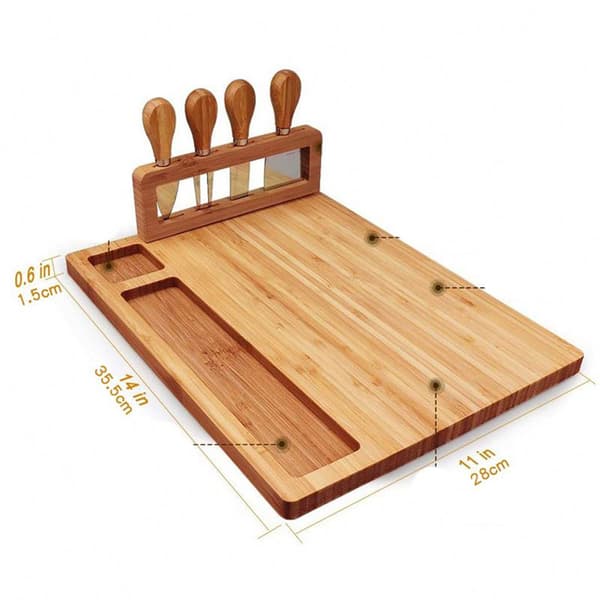 1 stk. ostebrett, serveringsbrett m/4 bestikk rustfrie stålkniver, solid tre delikatesserbrett (35,5 x 28 cm)