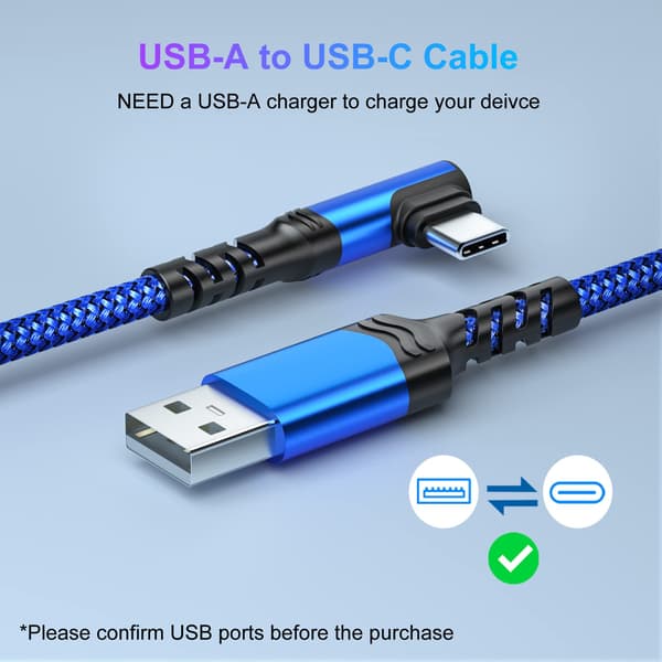 3A Hurtiglading USB-A til USB-C-kabel, 30 cm, 3-pakning, Rettvinklet 90° kontakt, Blå